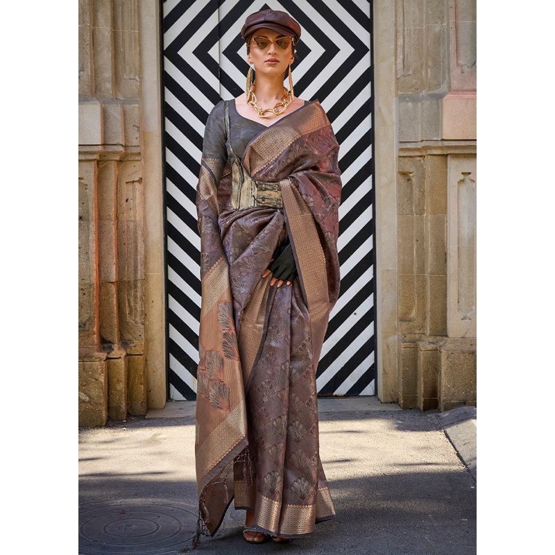 Dark Grey Organza Saree With Blouse Piece - JD986601153