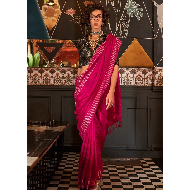 Dark Pink Spun Silk Saree With Blouse Piece - JD986601152