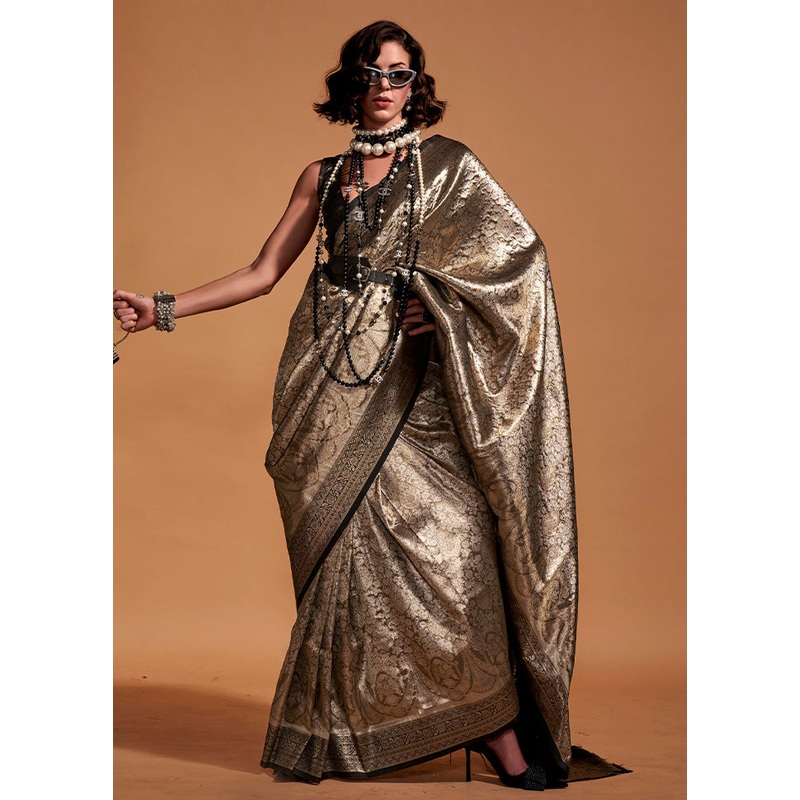 Golden Kanjivaram Silk Saree With Blouse Piece - JD986601115