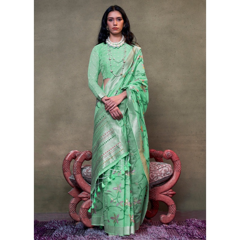 Green Cotton Saree With Blouse Piece - JD986601149