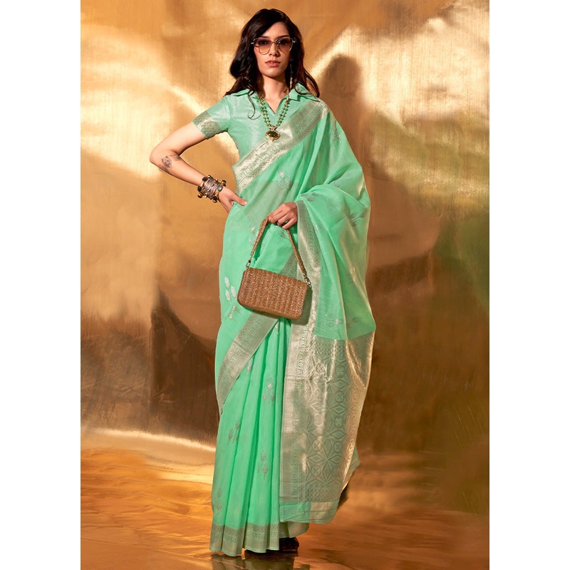 Green Cotton Saree With Blouse Piece - JD986601150