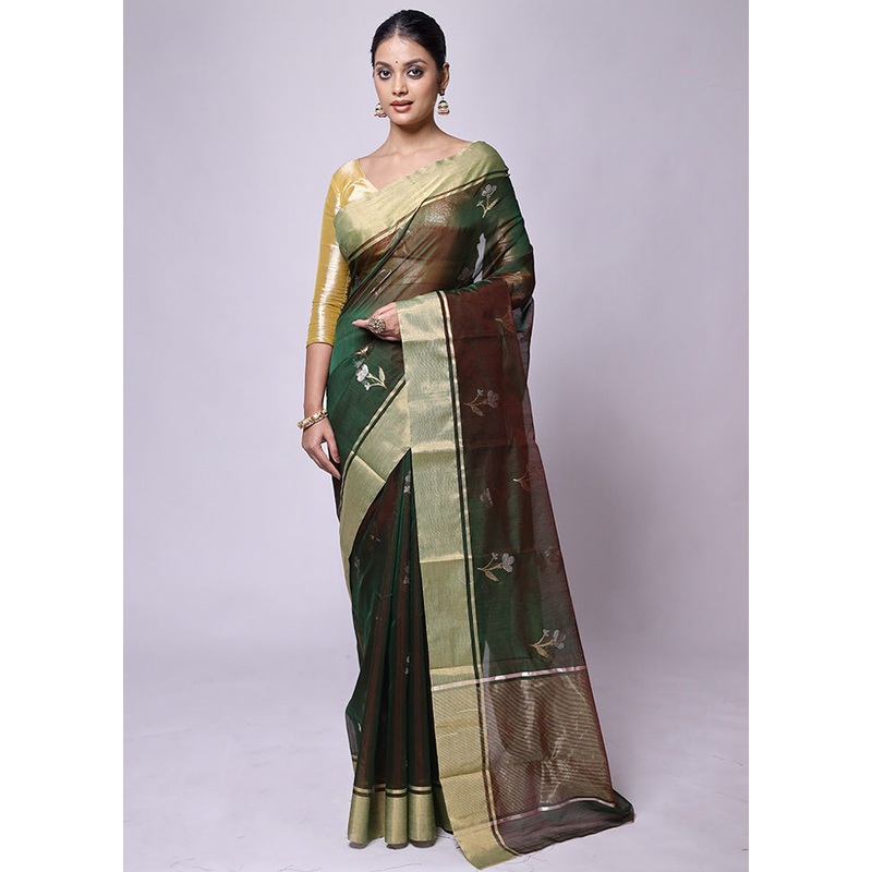 Green Handloom Chanderi Pure Cotton Saree With Blouse Piece - JD986601226
