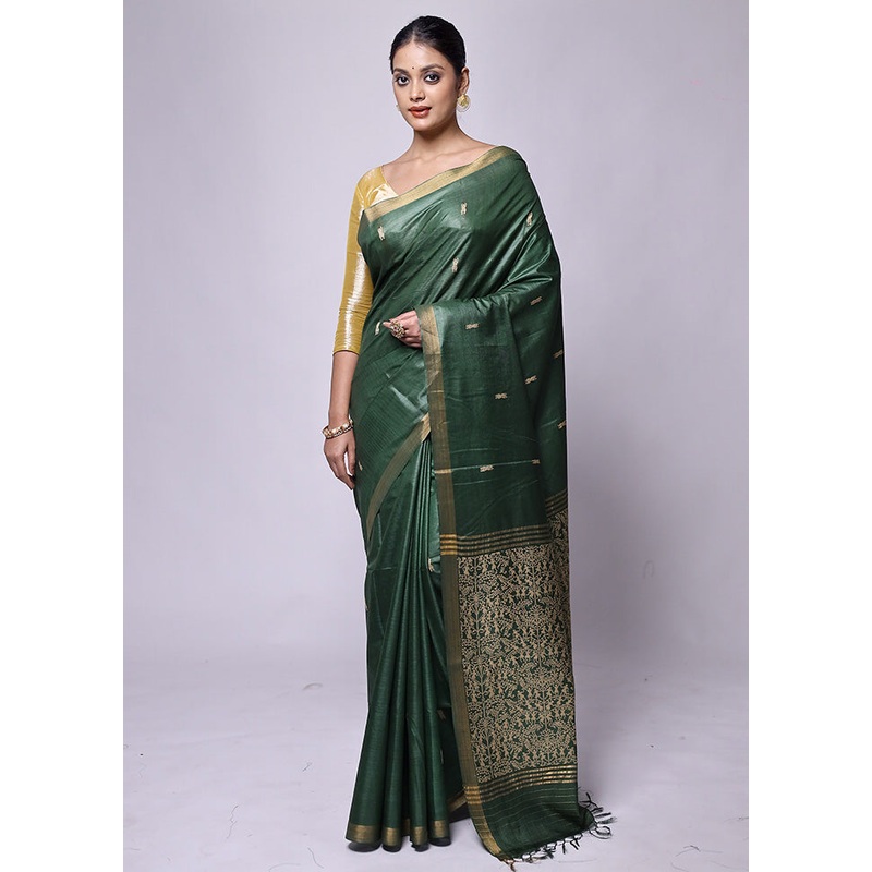 Green Handloom Tussar Pure Silk Saree With Blouse Piece - JD986601225