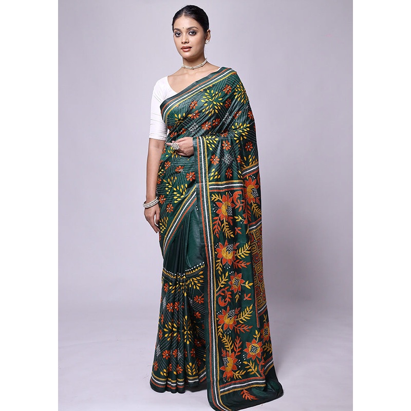 Green Kantha Stitch Silk Saree With Blouse Piece - JD986601223