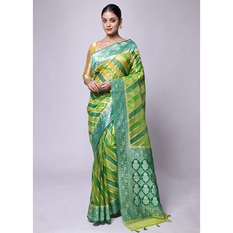 Green Organza Saree With Blouse Piece - JD986601219