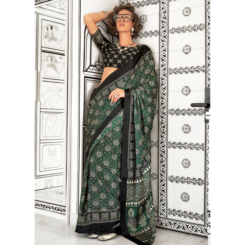 Green Satin Silk Saree With Blouse Piece - JD986601148
