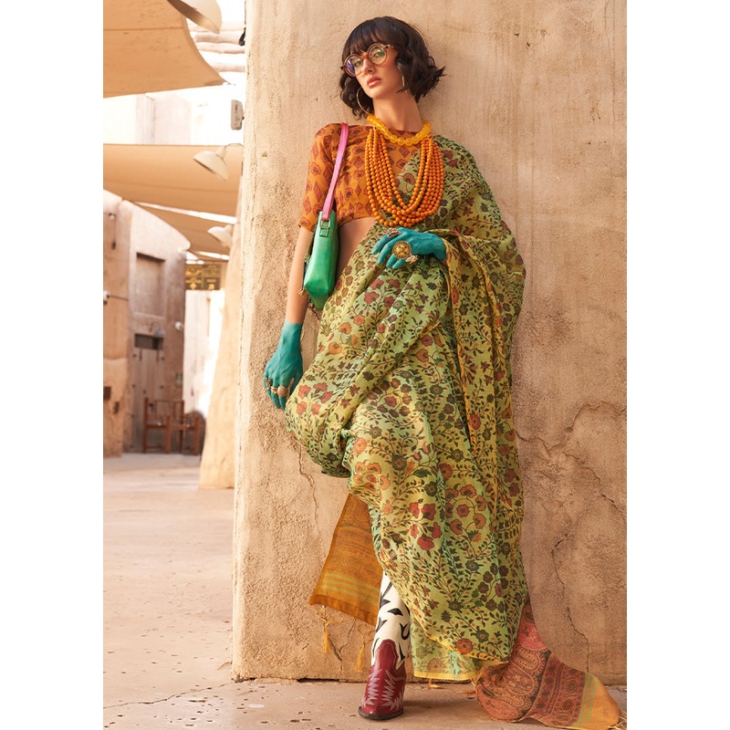 Green Spun Silk Saree With Blouse Piece - JD986601068