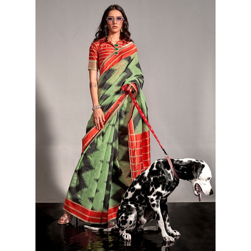 Green Spun Silk Saree With Blouse Piece - JD986601072
