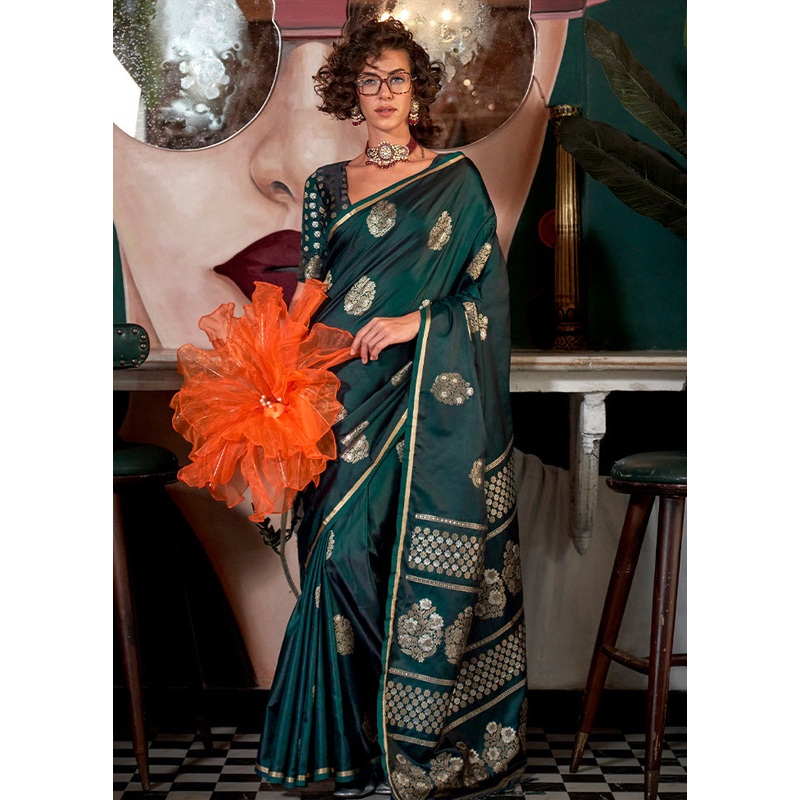 Green Spun Silk Saree With Blouse Piece - JD986601143