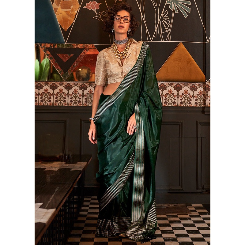 Green Spun Silk Saree With Blouse Piece - JD986601144