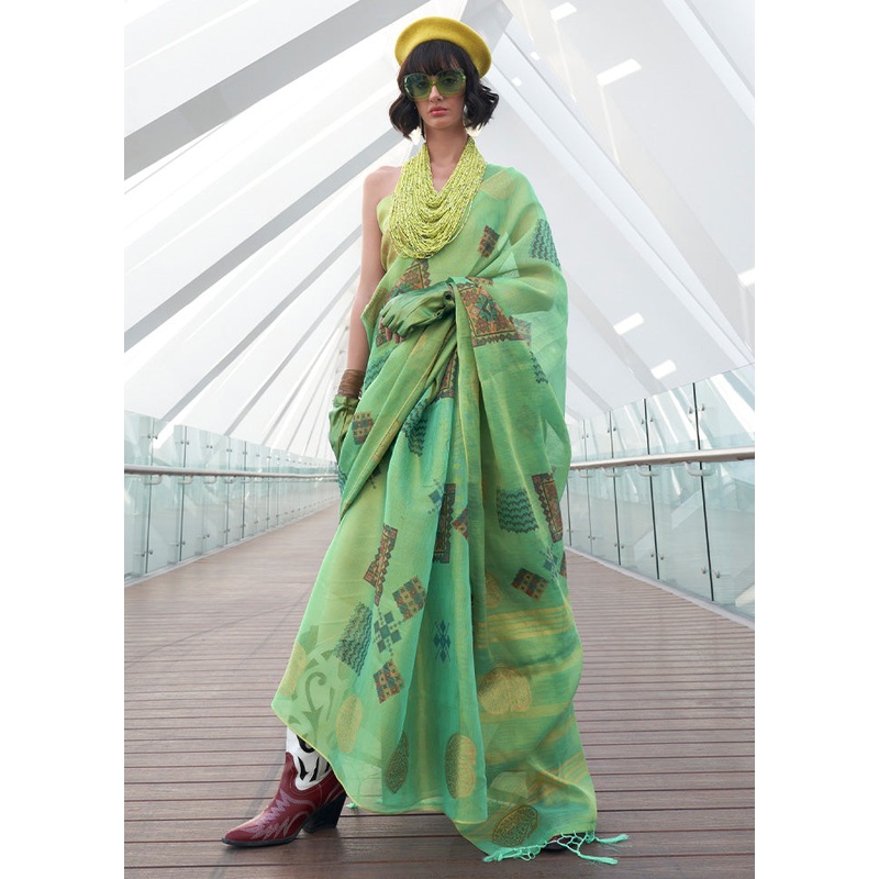 Green Spun Silk Saree With Blouse Piece - JD986601145