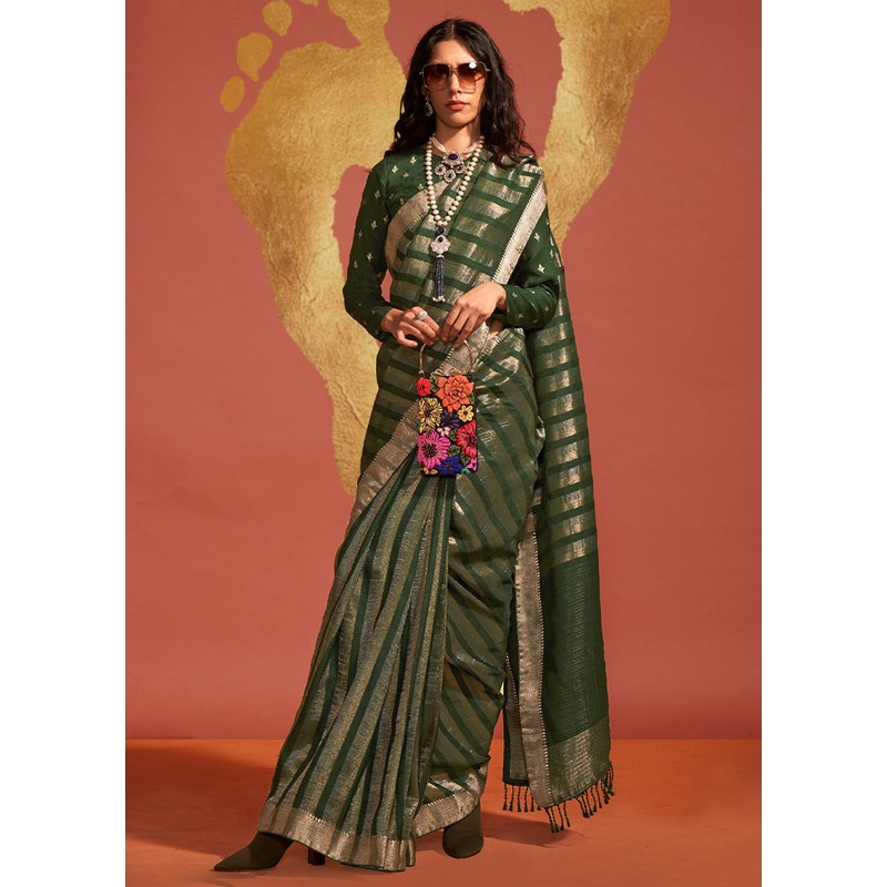 Green Spun Silk Saree With Blouse Piece - JD986601146