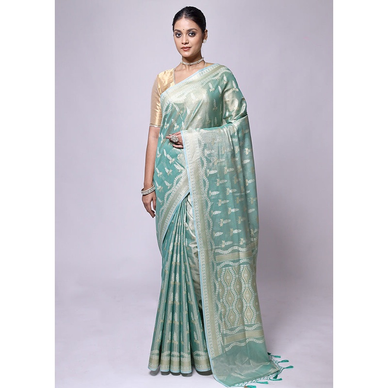 Green Tissue Silk Saree With Blouse Piece - JD986601217