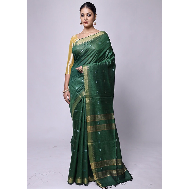 Green Tussar Silk Saree With Blouse Piece - JD986601216