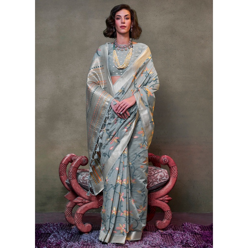Grey Cotton Saree With Blouse Piece - JD986601140