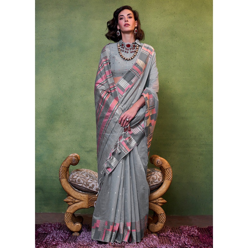 Grey Cotton Saree With Blouse Piece - JD986601141