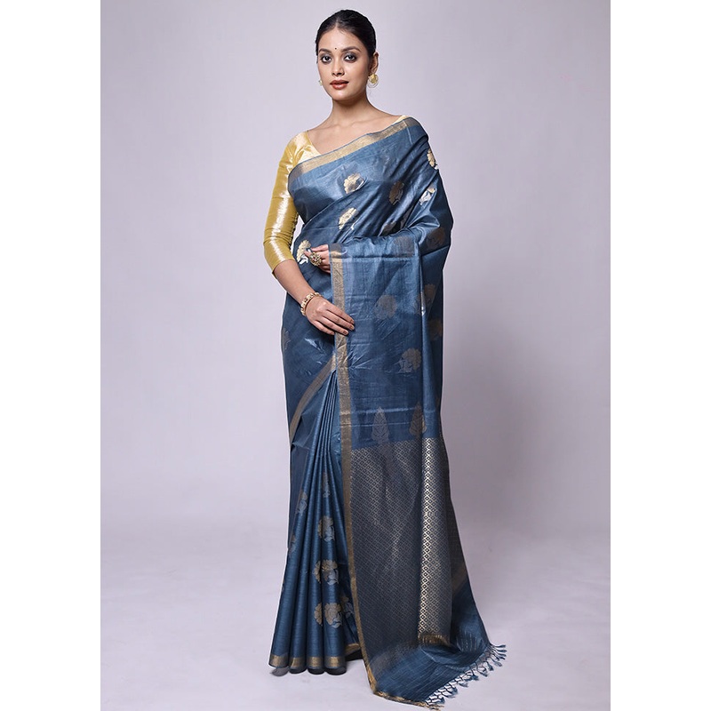 Grey Handloom Tussar Pure Silk Saree With Blouse Piece - JD986601215