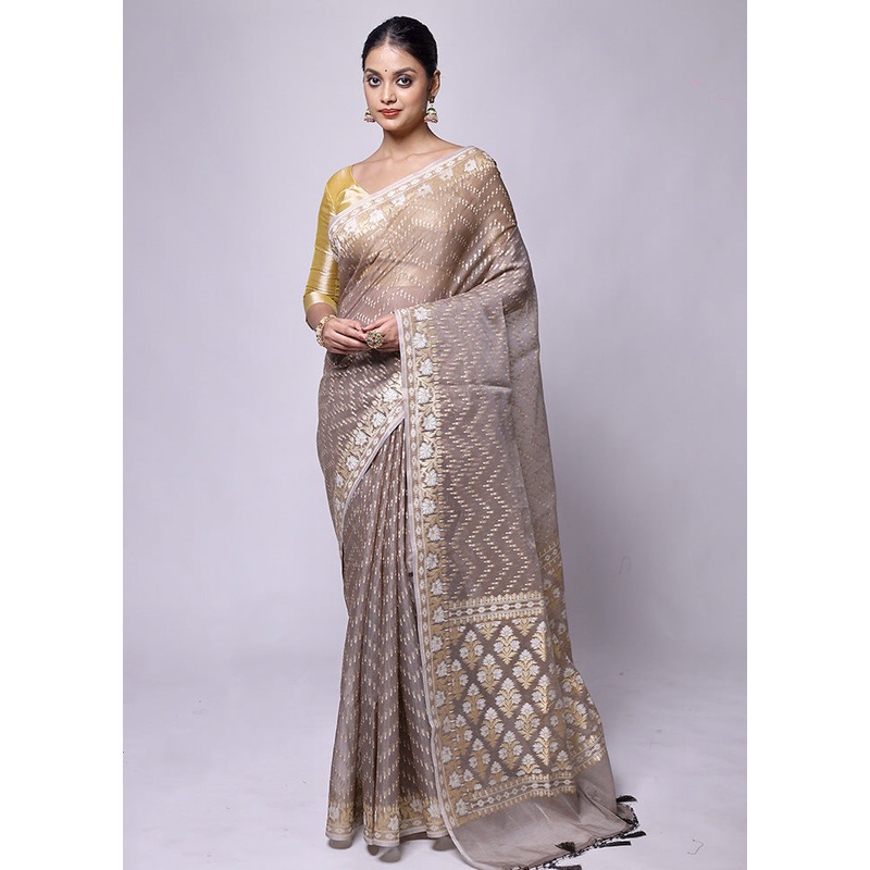 Grey Kora Silk Saree With Blouse Piece - JD986601214