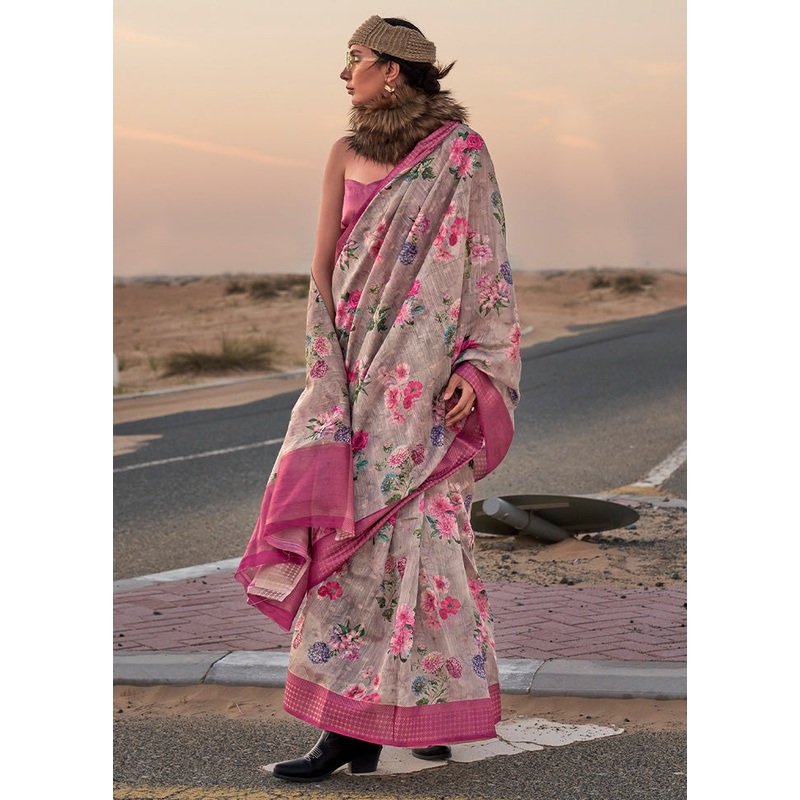 Grey Linen Silk Saree With Blouse Piece - JD986601111