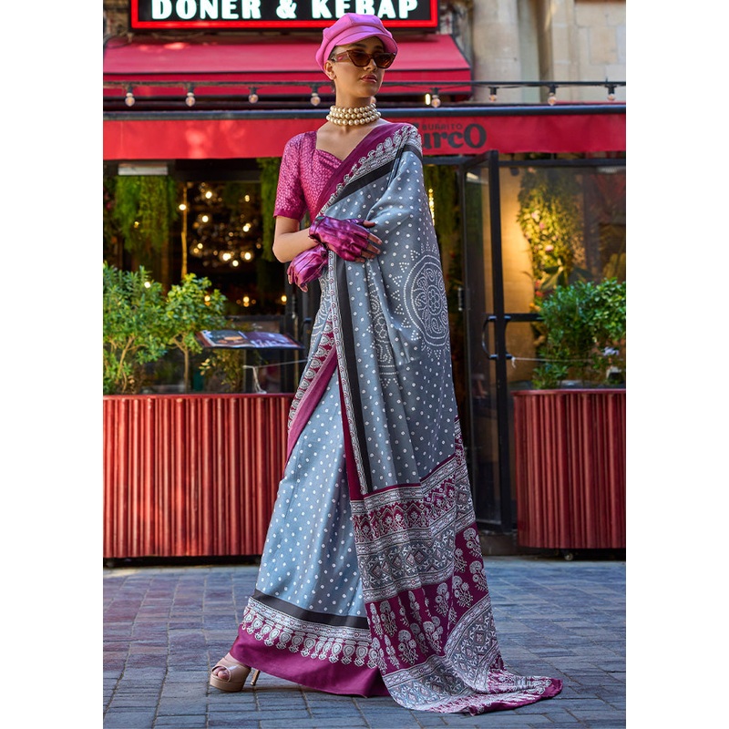 Grey Satin Silk Saree With Blouse Piece - JD986601139