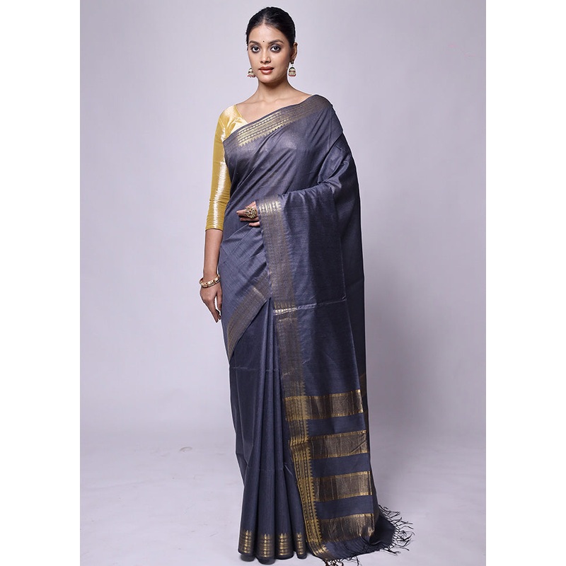 Grey Tussar Silk Saree With Blouse Piece - JD986601211