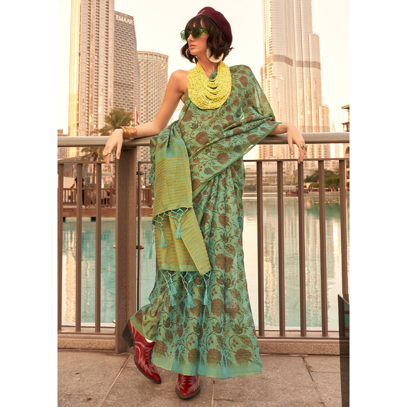 Light Green Spun Silk Saree With Blouse Piece - JD986601135