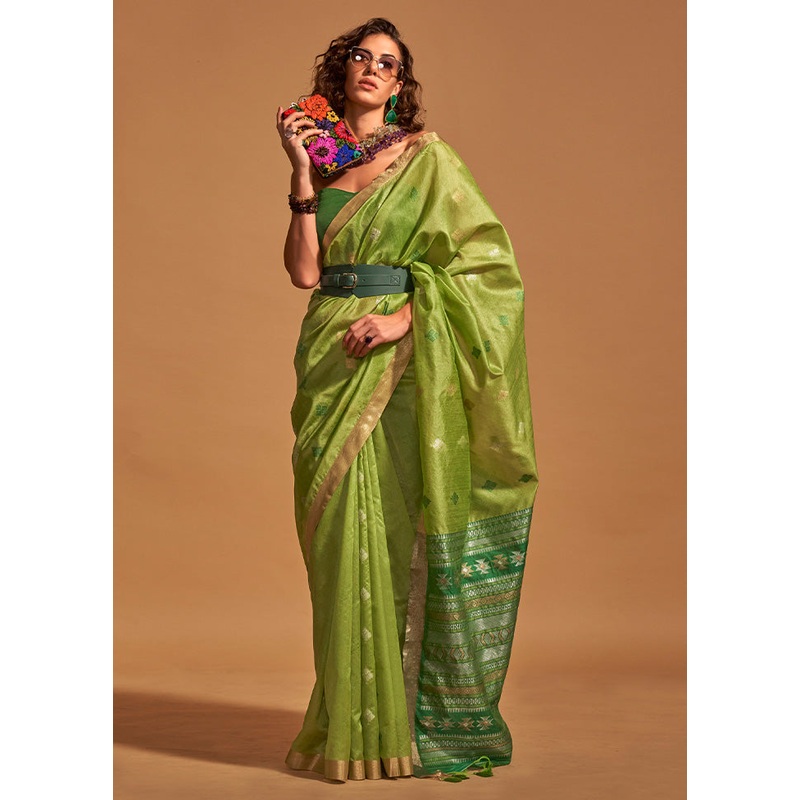 Light Green Spun Silk Saree With Blouse Piece - JD986601136
