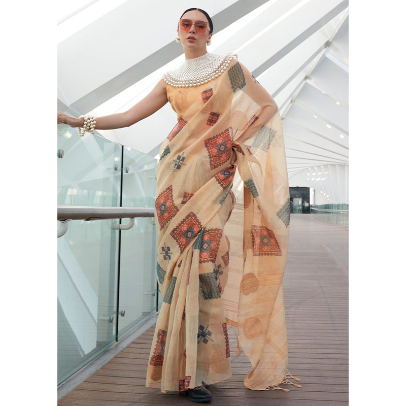 Light Peach Spun Silk Saree With Blouse Piece - JD986601134