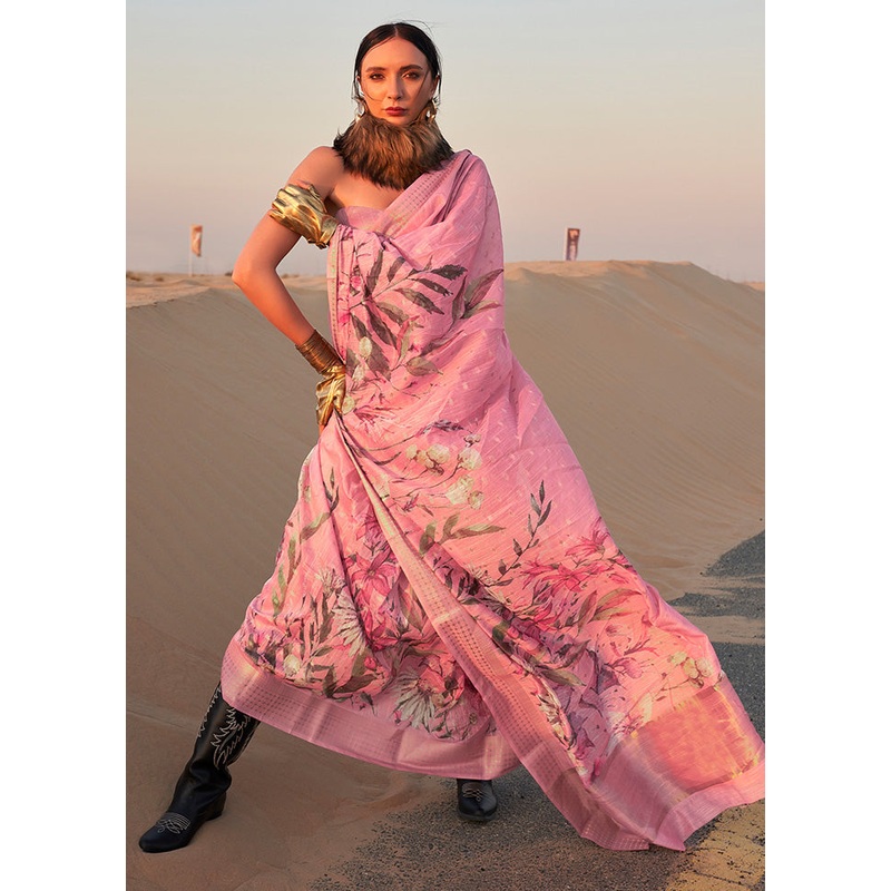 Light Pink Linen Silk Saree With Blouse Piece - JD986601132