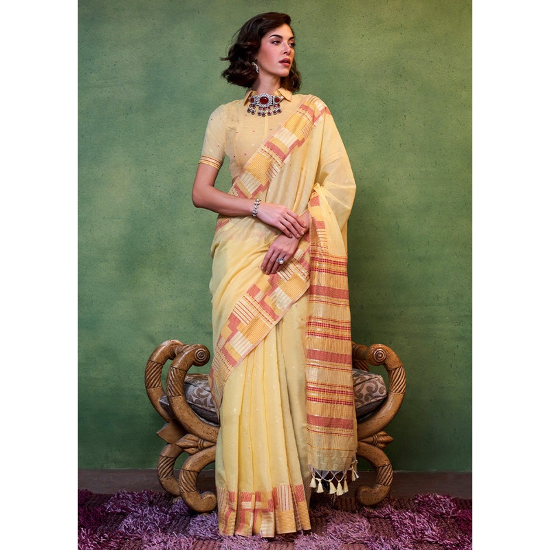 Light Yellow Cotton Saree With Blouse Piece - JD986601131