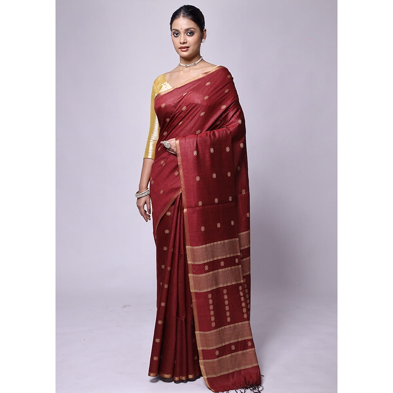 Maroon Tussar Silk Saree With Blouse Piece - JD986601210