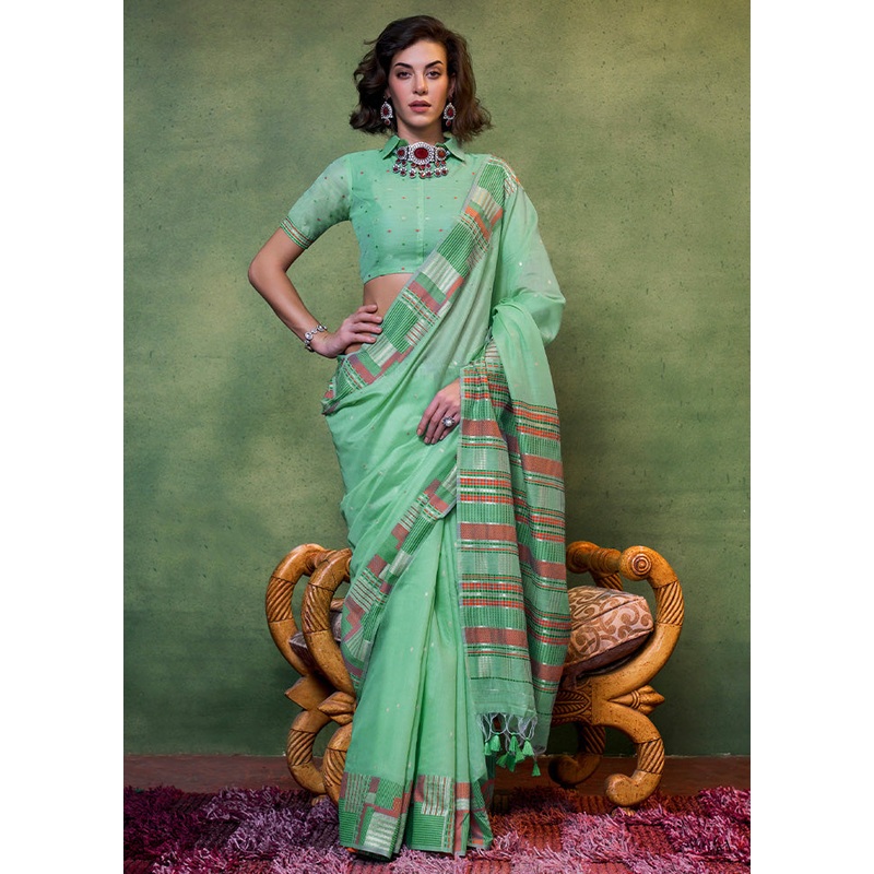 Mint Green Cotton Saree With Blouse Piece - JD986601127