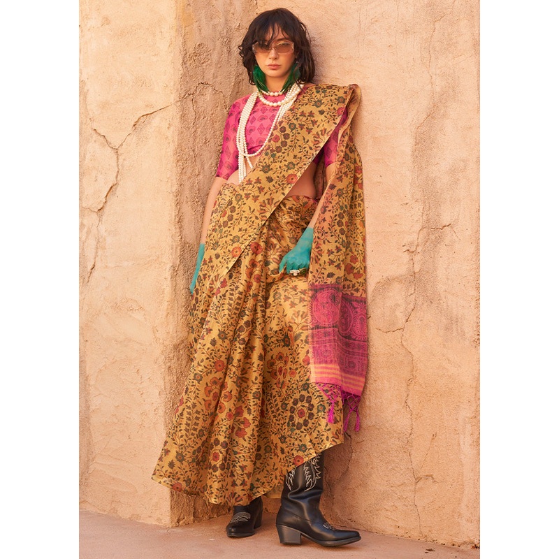 Mustard Spun Silk Saree With Blouse Piece - JD986601066