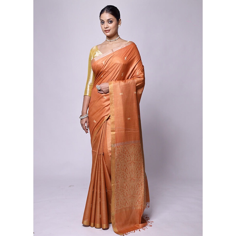 Orange Handloom Tussar Pure Silk Saree With Blouse Piece - JD986601209