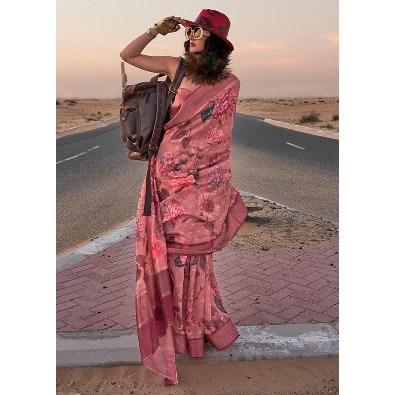 Peach Linen Silk Saree With Blouse Piece - JD986601113