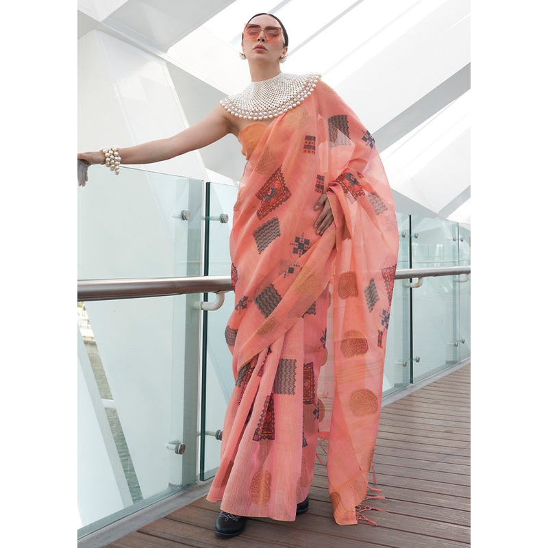 Peach Spun Silk Saree With Blouse Piece - JD986601059