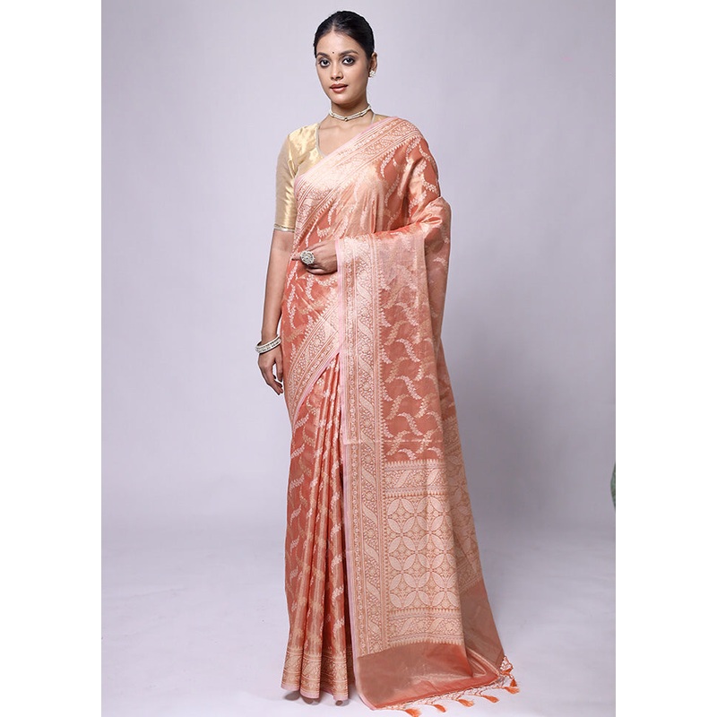 Peach Tissue Silk Saree With Blouse Piece - JD986601208
