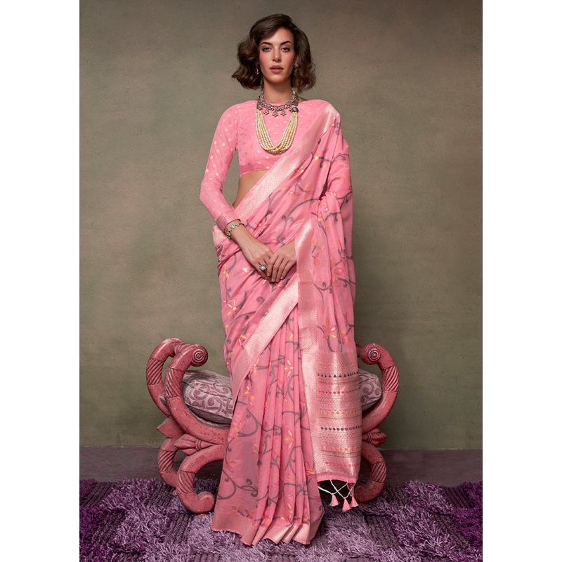 Pink Cotton Saree With Blouse Piece - JD986601054
