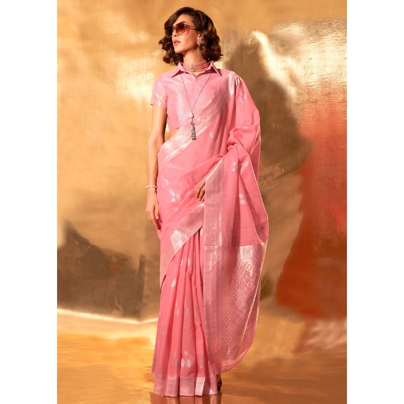 Pink Cotton Saree With Blouse Piece - JD986601056