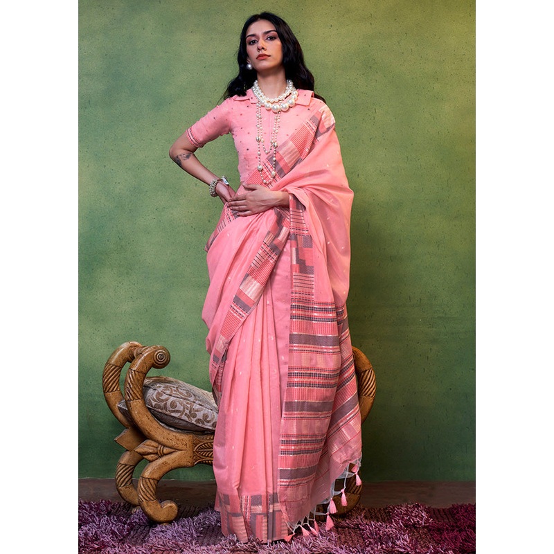 Pink Cotton Saree With Blouse Piece - JD986601057