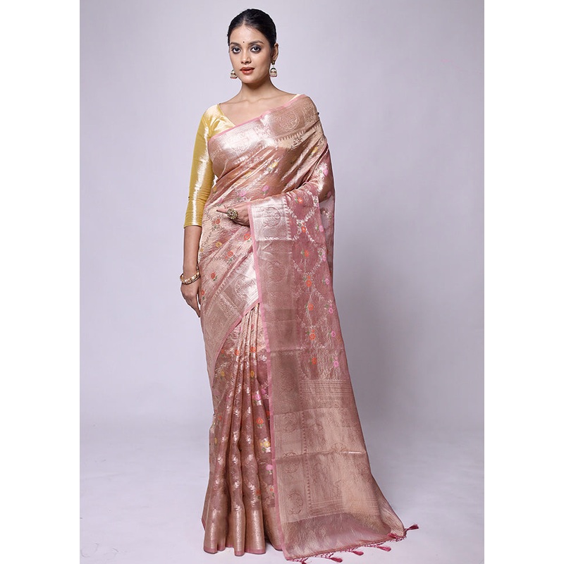 Pink Crushed Tissue Silk Saree With Blouse Piece - JD986601206