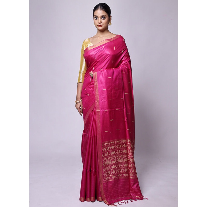 Pink Handloom Tussar Pure Silk Saree With Blouse Piece - JD986601201
