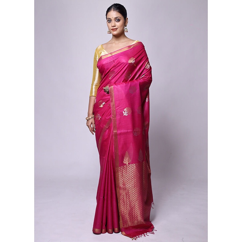 Pink Handloom Tussar Pure Silk Saree With Blouse Piece - JD986601202