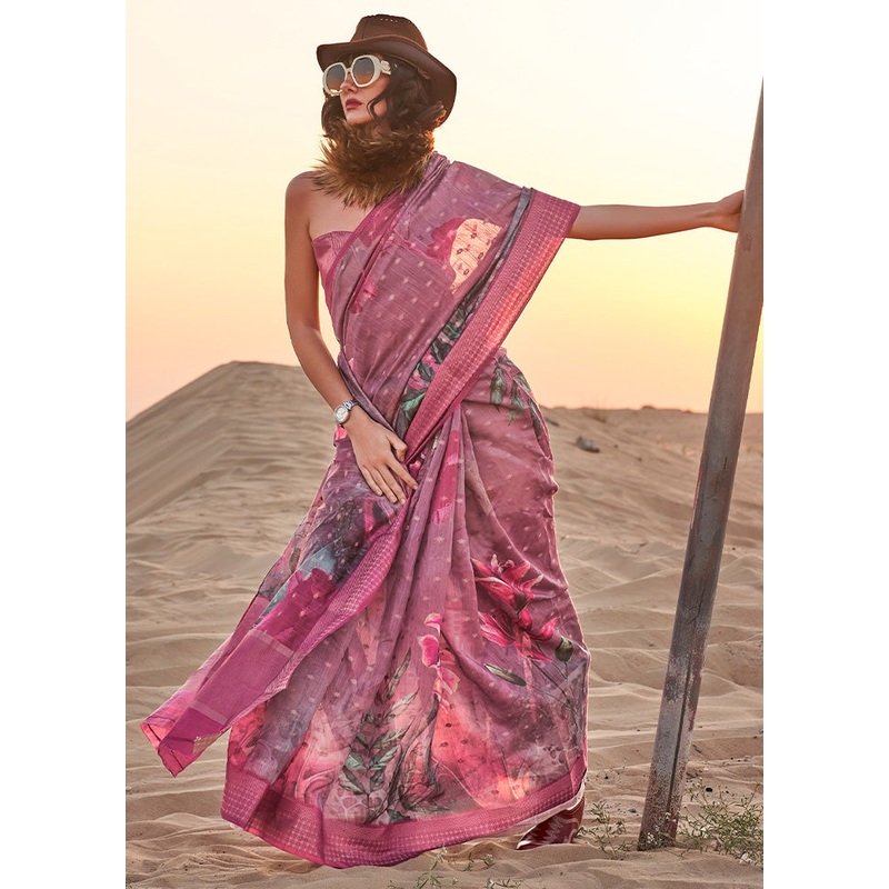 Pink Linen Silk Saree With Blouse Piece - JD986601052
