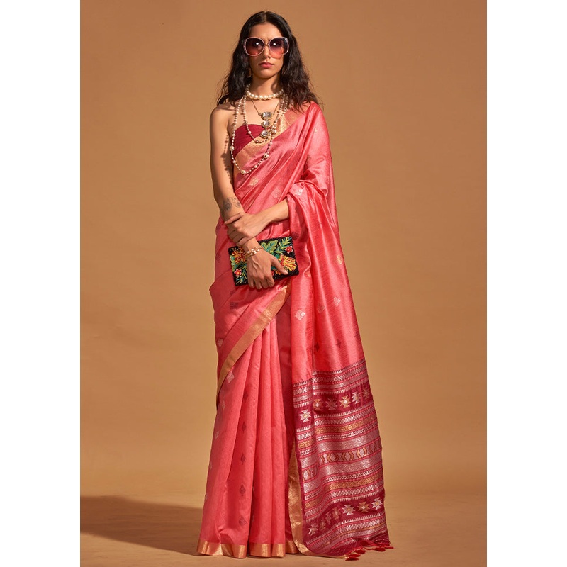 Pink Spun Silk Saree With Blouse Piece - JD986601049