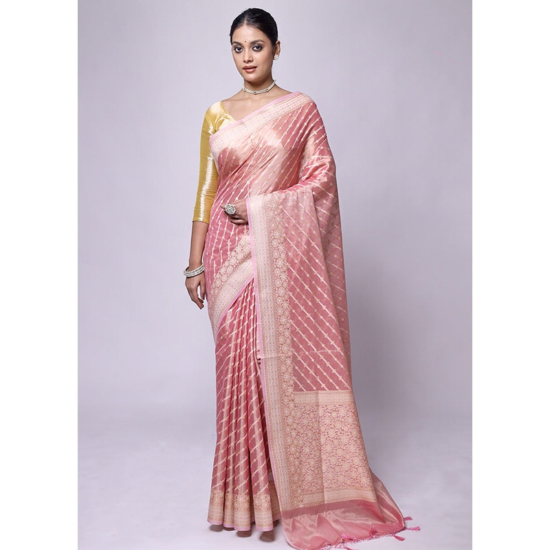 Pink Tissue Silk Saree With Blouse Piece - JD986601197