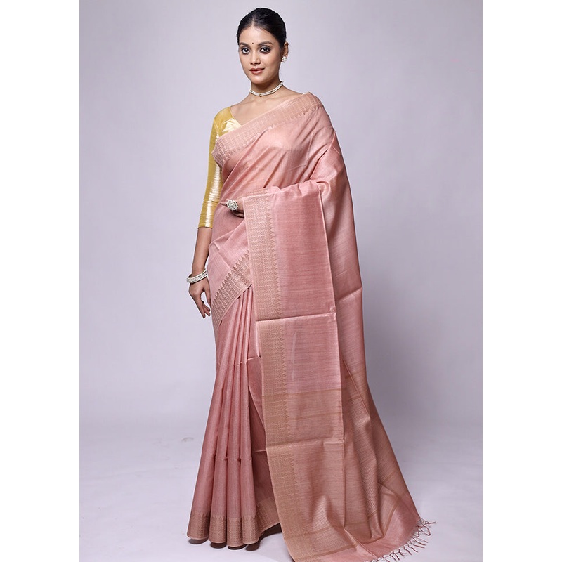 Pink Tussar Silk Saree With Blouse Piece - JD986601194