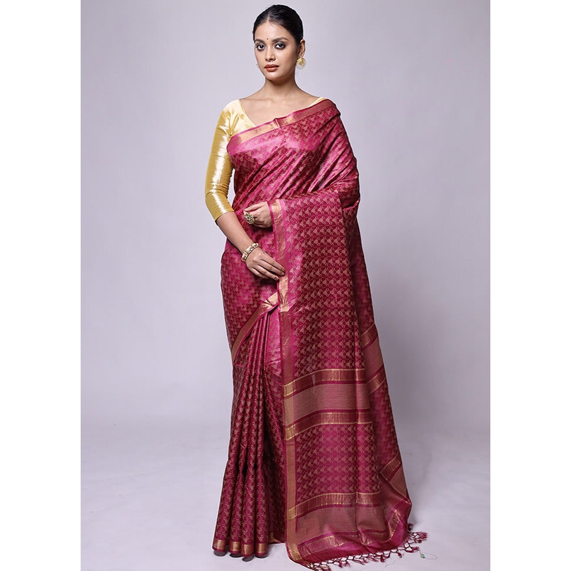 Pink Tussar Silk Saree With Blouse Piece - JD986601195
