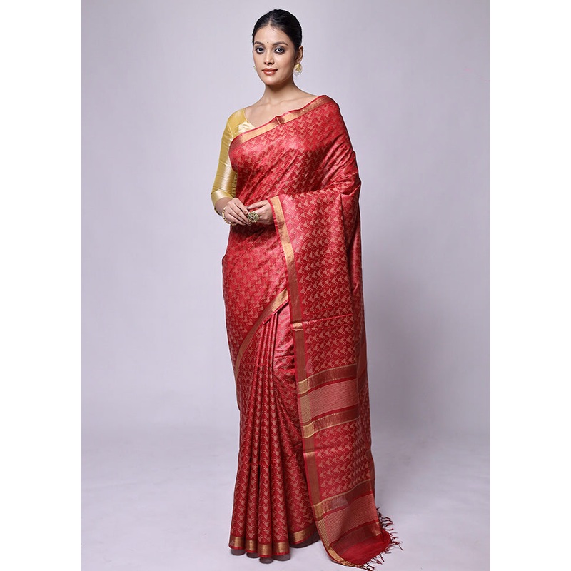 Pink Tussar Silk Saree With Blouse Piece - JD986601196