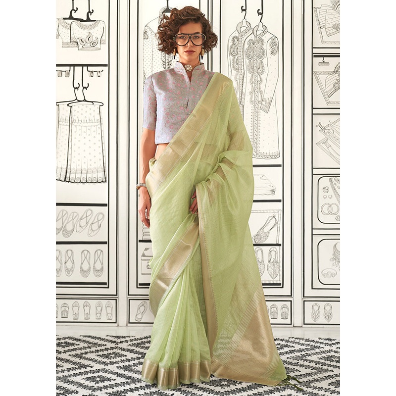 Pista Green Chiffon Silk Saree With Blouse Piece - JD986601044